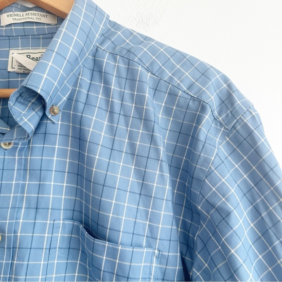LL Bean Mens Large Button Down Shirt Wrinkle Free Blue Plaid Long Sleeve - Picture 2 of 7
